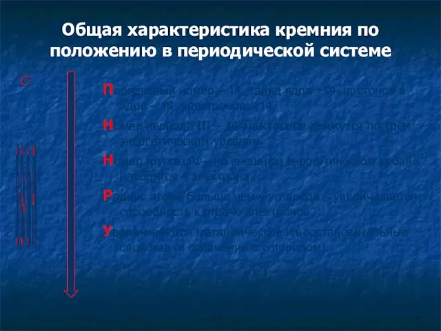 Общая характеристика кремния по положению в периодической системе Порядковый номер –