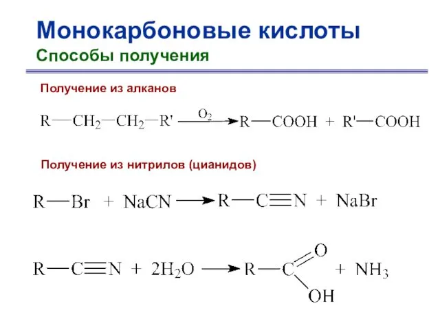 Монокарбоновые кислоты Способы получения Получение из алканов Получение из нитрилов (цианидов)