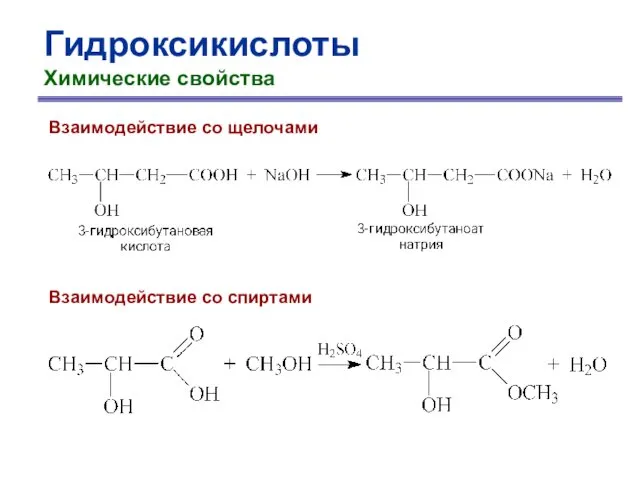 Гидроксикислоты Химические свойства Взаимодействие со щелочами Взаимодействие со спиртами