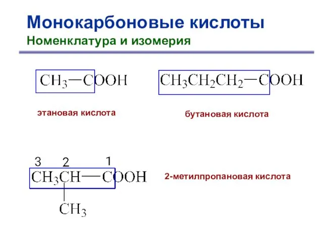 Монокарбоновые кислоты Номенклатура и изомерия этановая кислота бутановая кислота 2-метилпропановая кислота