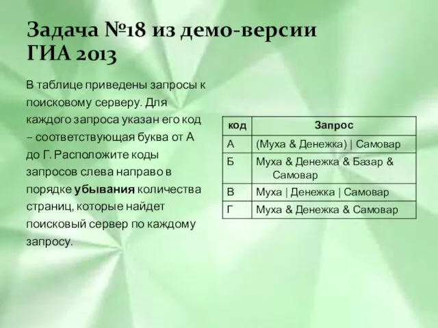 Задача №18 из демо-версии ГИА 2013 В таблице приведены запросы к