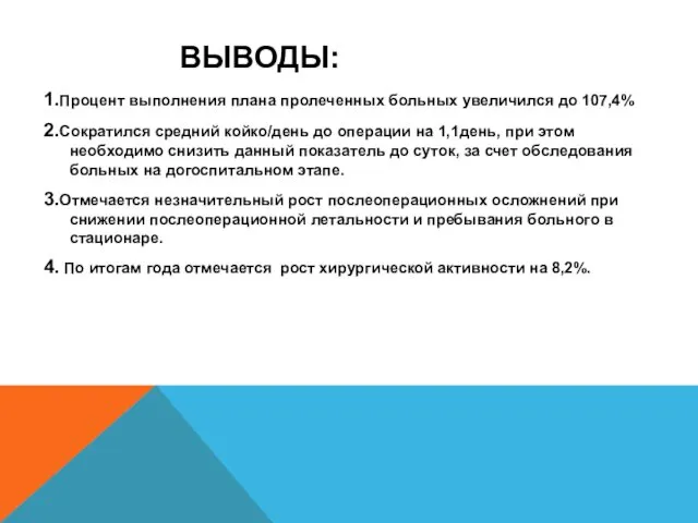 ВЫВОДЫ: 1.Процент выполнения плана пролеченных больных увеличился до 107,4% 2.Сократился средний