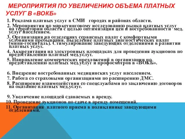 МЕРОПРИЯТИЯ ПО УВЕЛИЧЕНИЮ ОБЪЕМА ПЛАТНЫХ УСЛУГ В «ВОКБ» 1. Реклама платных