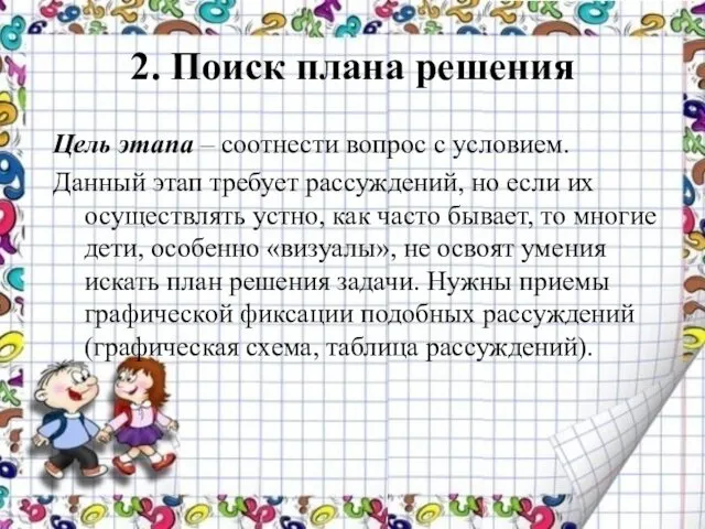 2. Поиск плана решения Цель этапа – соотнести вопрос с условием.