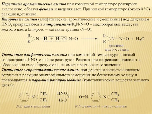 Первичные ароматические амины при комнатной температуре реагируют аналогично, образуя фенолы и