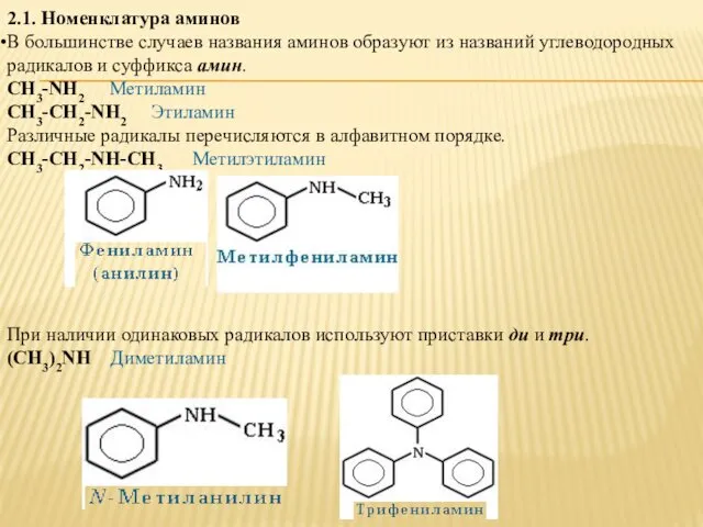2.1. Номенклатура аминов В большинстве случаев названия аминов образуют из названий