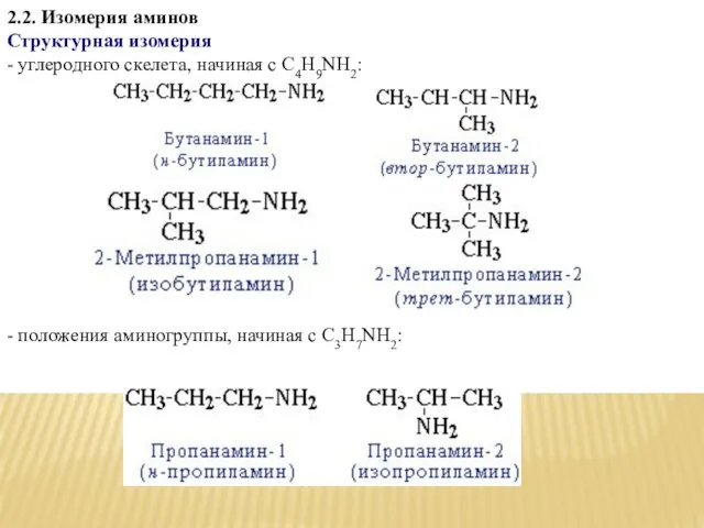 2.2. Изомерия аминов Структурная изомерия - углеродного скелета, начиная с С4H9NH2: