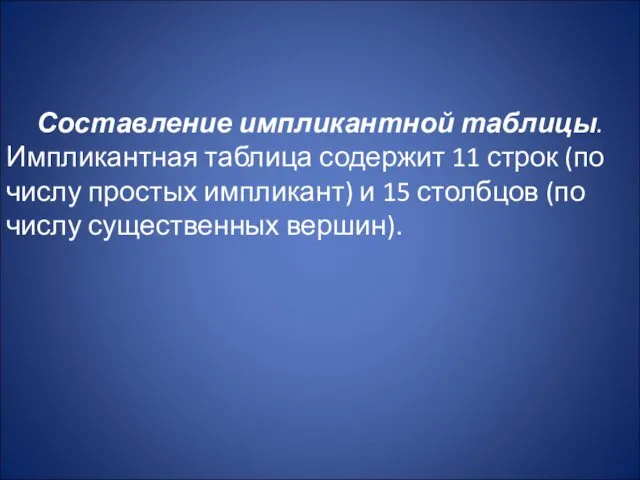 Составление импликантной таблицы. Импликантная таблица содержит 11 строк (по числу простых