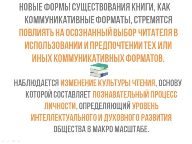 Новые формы существования книги, как коммуникативные форматы, стремятся повлиять на осознанный