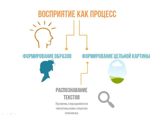 Восприятие как процесс Формирование образов Формирование цельной картины Распознавание текстов Уровень определяется читательским опытом человека