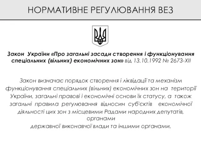 НОРМАТИВНЕ РЕГУЛЮВАННЯ ВЕЗ Закон України «Про загальні засади створення і функціонування