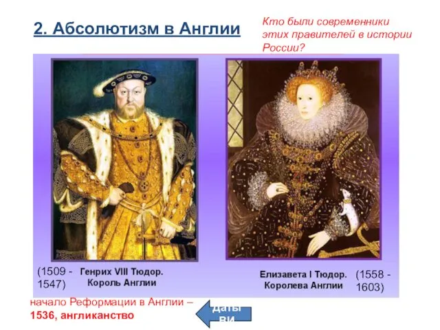 2. Абсолютизм в Англии начало Реформации в Англии – 1536, англиканство