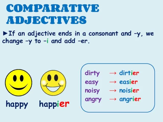 COMPARATIVE ADJECTIVES ►If an adjective ends in a consonant and –y,