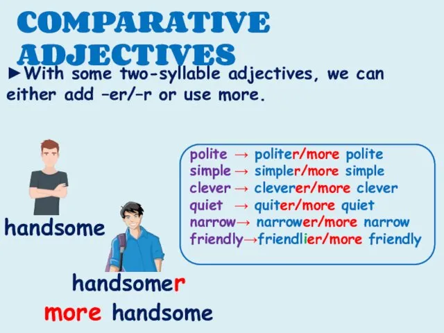 COMPARATIVE ADJECTIVES ►With some two-syllable adjectives, we can either add –er/–r