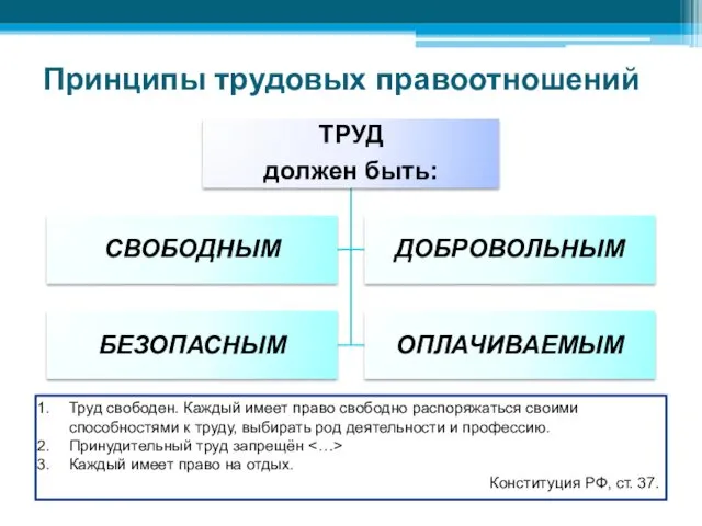 Принципы трудовых правоотношений Труд свободен. Каждый имеет право свободно распоряжаться своими