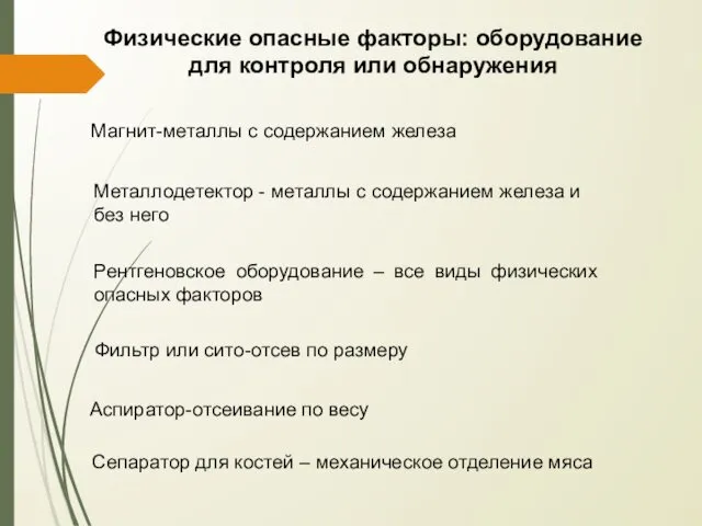 Физические опасные факторы: оборудование для контроля или обнаружения Магнит-металлы с содержанием