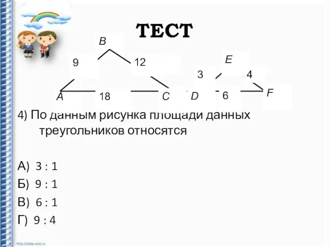 ТЕСТ 4) По данным рисунка площади данных треугольников относятся А) 3