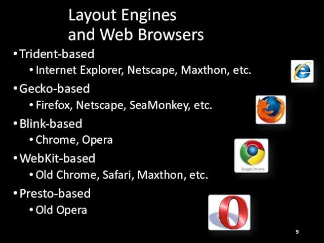 Layout Engines and Web Browsers Trident-based Internet Explorer, Netscape, Maxthon, etc.