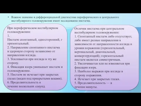 Важное значение в дифференциальной диагностике периферического и центрального вестибулярного головокружения имеет