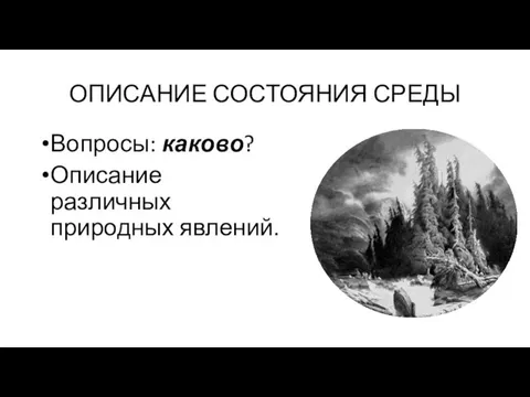 ОПИСАНИЕ СОСТОЯНИЯ СРЕДЫ Вопросы: каково? Описание различных природных явлений.