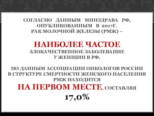 СОГЛАСНО ДАННЫМ МИНЗДРАВА РФ, ОПУБЛИКОВАННЫМ В 2017Г. РАК МОЛОЧНОЙ ЖЕЛЕЗЫ (РМЖ)