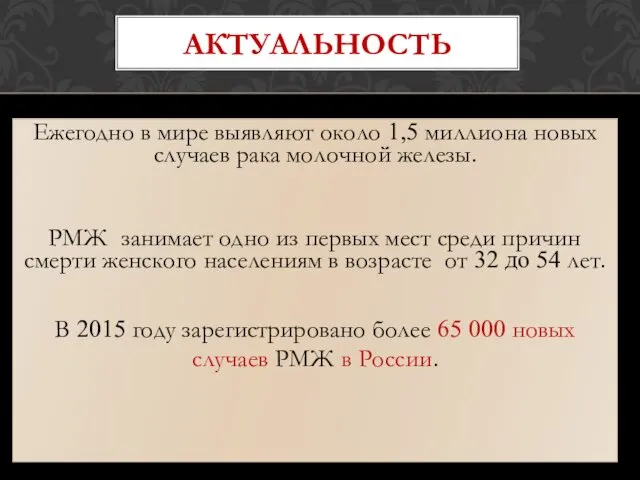 АКТУАЛЬНОСТЬ Ежегодно в мире выявляют около 1,5 миллиона новых случаев рака