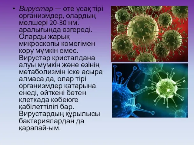 Вирустар — өте үсақ тірі организмдер, олардың мөлшері 20-30 нм. аралығында