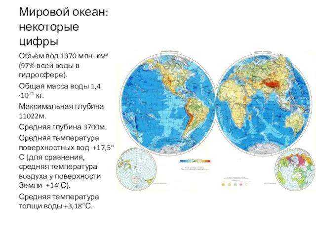 Мировой океан: некоторые цифры Объём вод 1370 млн. км³ (97% всей