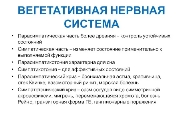 ВЕГЕТАТИВНАЯ НЕРВНАЯ СИСТЕМА Парасимпатическая часть более древняя – контроль устойчивых состояний