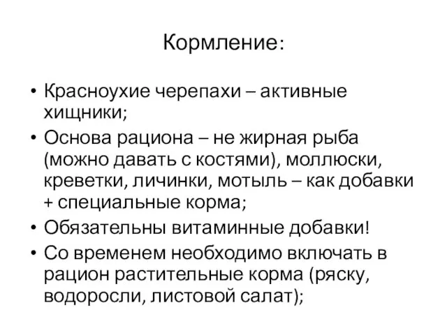 Кормление: Красноухие черепахи – активные хищники; Основа рациона – не жирная