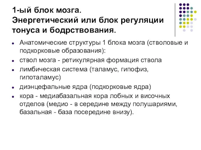 1-ый блок мозга. Энергетический или блок регуляции тонуса и бодрствования. Анатомические