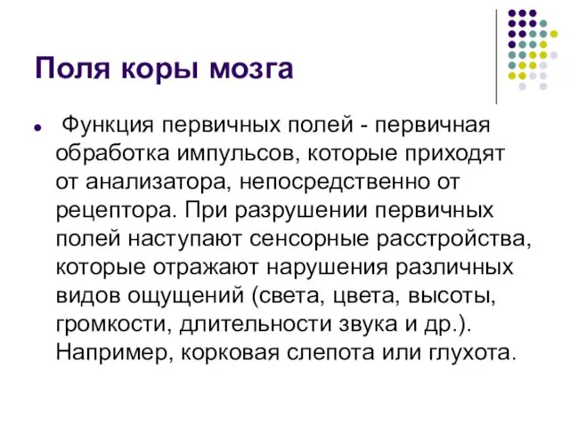 Поля коры мозга Функция первичных полей - первичная обработка импульсов, которые