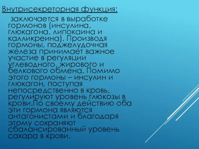 Внутрисекреторная функция: заключается в выработке гормонов (инсулина, глюкагона, липокаина и калликреина).