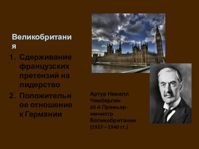 Великобритания Сдерживание французских претензий на лидерство Положительное отношение к Германии Артур