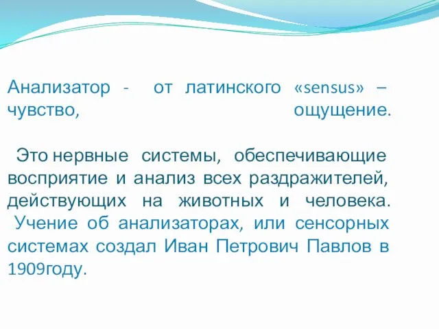 Анализатор - от латинского «sensus» – чувство, ощущение. Это нервные системы,