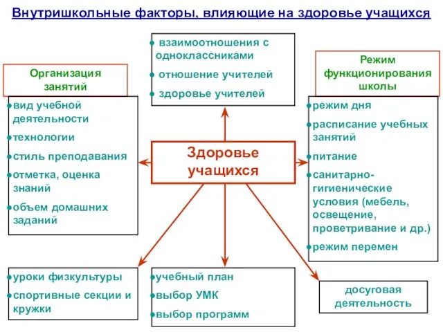 Внутришкольные факторы, влияющие на здоровье учащихся Здоровье учащихся