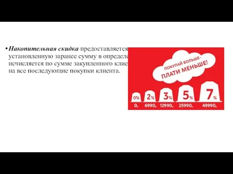 Накопительная скидка предоставляется в случае покупки товара на установленную заранее сумму