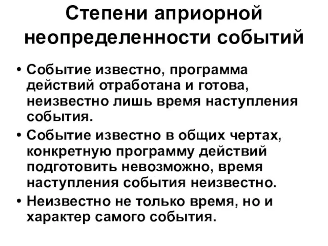 Степени априорной неопределенности событий Событие известно, программа действий отработана и готова,