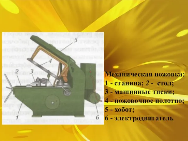 Механическая ножовка: 1 - станина; 2 - стол; 3 - машинные