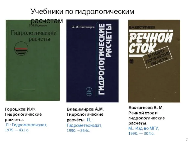 Горошков И.Ф. Гидрологические расчеты. Л.: Гидрометеоиздат, 1979. – 431 с. Владимиров