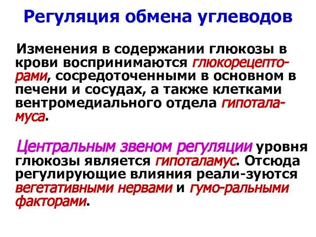 Регуляция обмена углеводов Изменения в содержании глюкозы в крови воспринимаются глюкорецепто-рами,