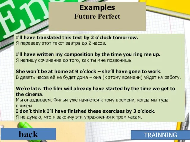Examples Future Perfect back TRAINNING I'll have translated this text by