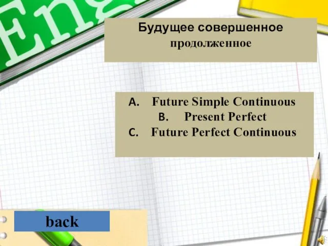 back Будущее совершенное продолженное Future Simple Continuous Present Perfect Future Perfect Continuous