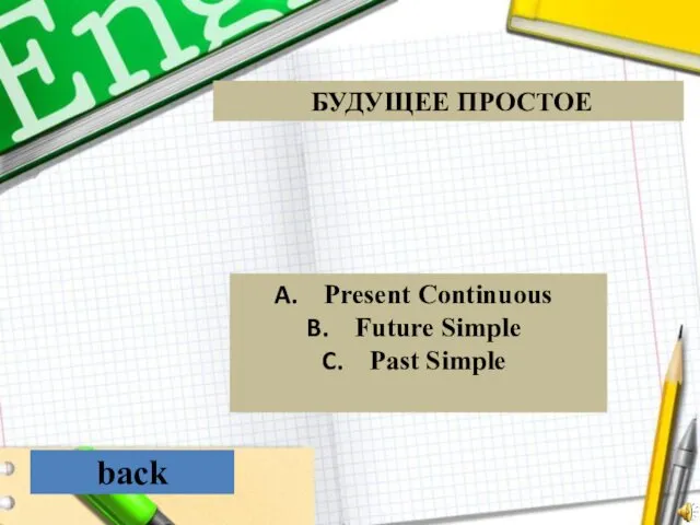 back Present Continuous Future Simple Past Simple БУДУЩЕЕ ПРОСТОЕ