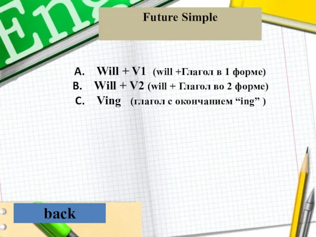 back Will + V1 (will +Глагол в 1 форме) Will +