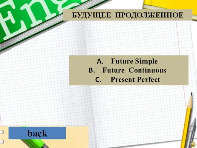 back Future Simple Future Continuous Present Perfect БУДУЩЕЕ ПРОДОЛЖЕННОЕ