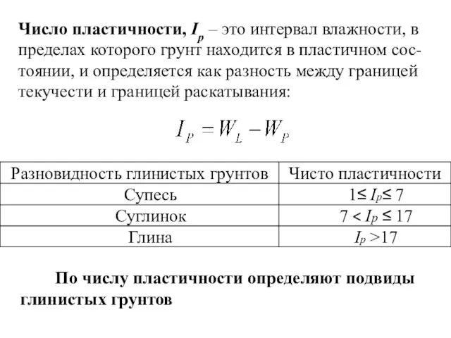 Число пластичности, Ip – это интервал влажности, в пределах которого грунт