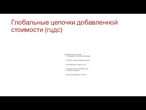 Материнская компания Производство, фирма в Малайзии НИОКР, дизайн-фирма в Канаде Дистрибуция,