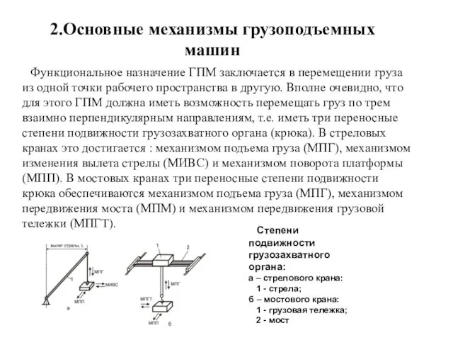 2.Основные механизмы грузоподъемных машин Функциональное назначение ГПМ заключается в перемещении груза