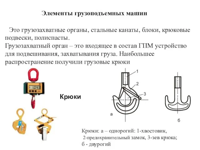 Элементы грузоподъемных машин Это грузозахватные органы, стальные канаты, блоки, крюковые подвески,